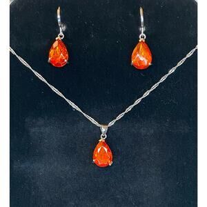 Silver Orange Crystal Rhinestone Gemstone CZ Teardrop Necklace Earrings Set